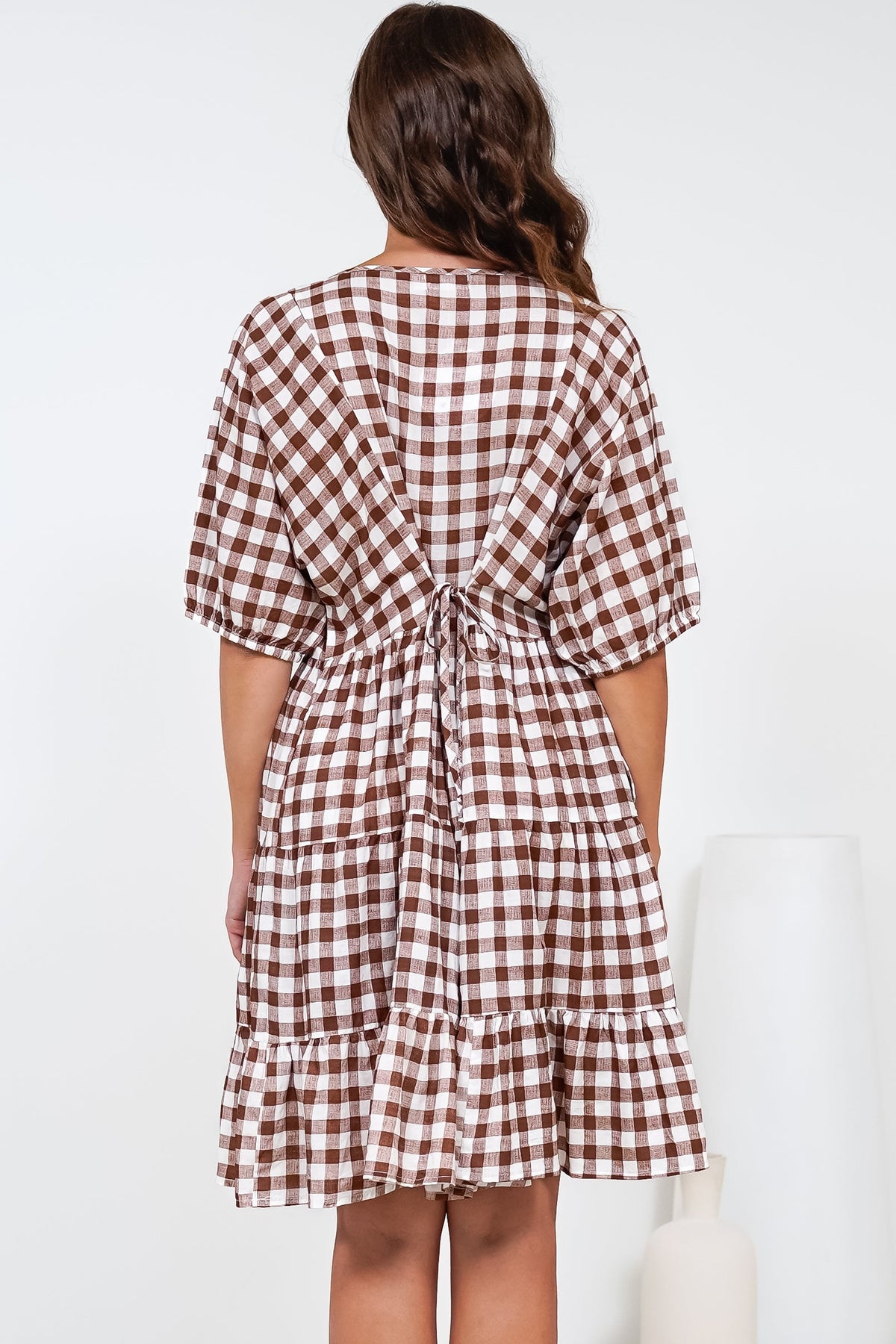 Treyshelle Mini Dress - V-Neck Puff Sleeve Tiered Dress in Gingham Brown