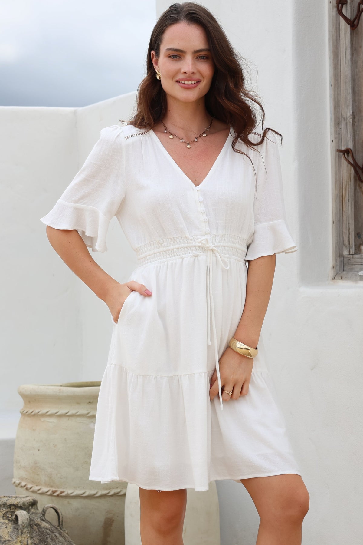 Truese Mini Dress - A-Line Dress with Short Ruffle Sleeves in White