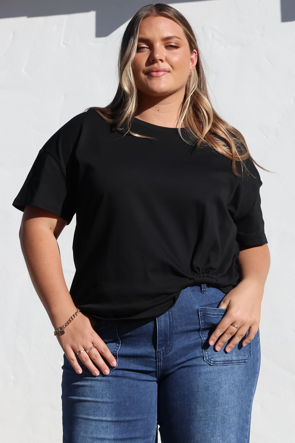Tuck T-Shirt - Round Neckline Cotton Tee with Gathered Front Detail in Black