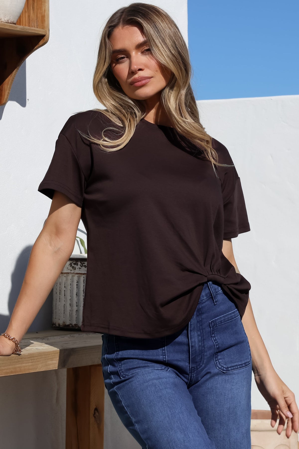 Tuck T-Shirt - Round Neckline Cotton Tee with Gathered Front Detail in Chocolate