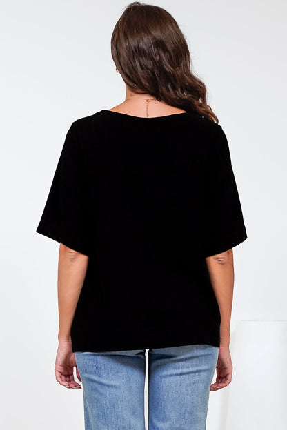 Tustin Top - Round Neck Boxy High Low Top with Short Sleeves in Black
