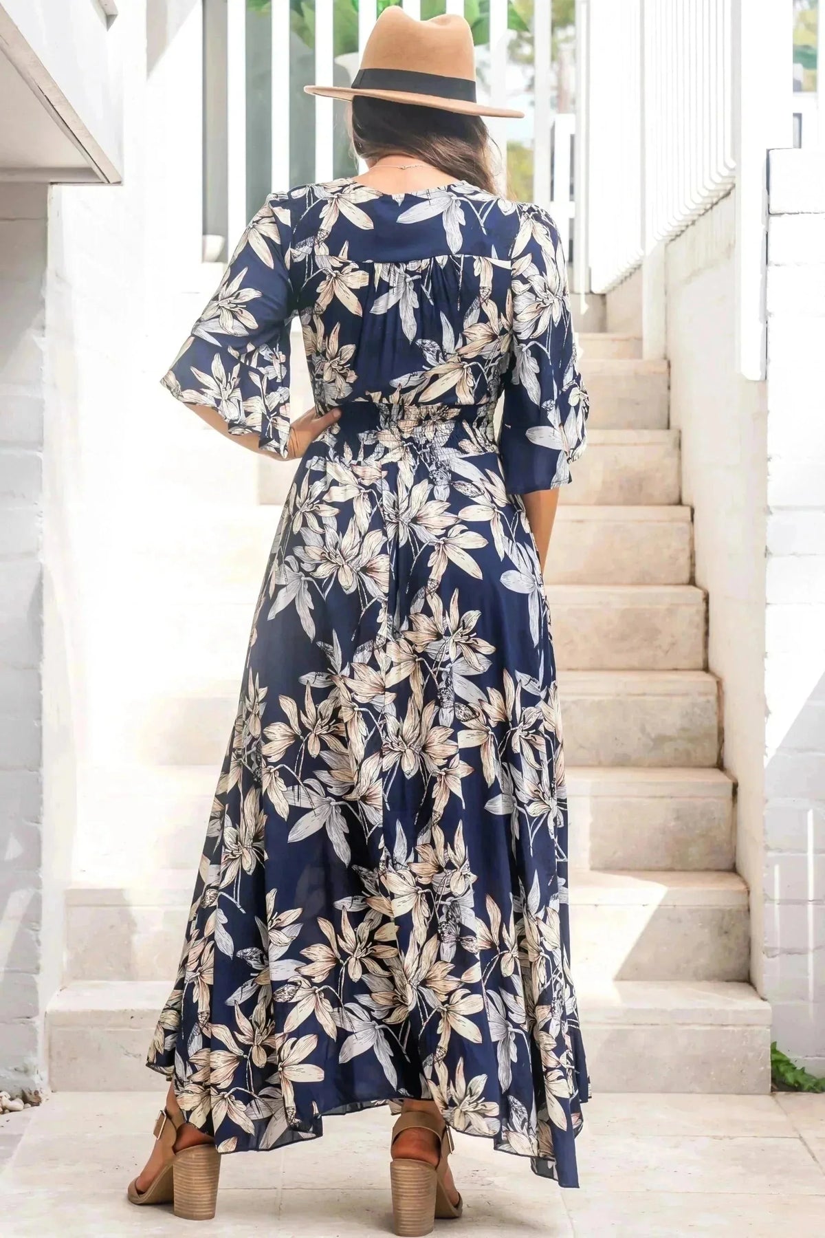 Frigg Maxi Dress - Buttoned Bodice A Line Dress With Flute Sleeves In Navy