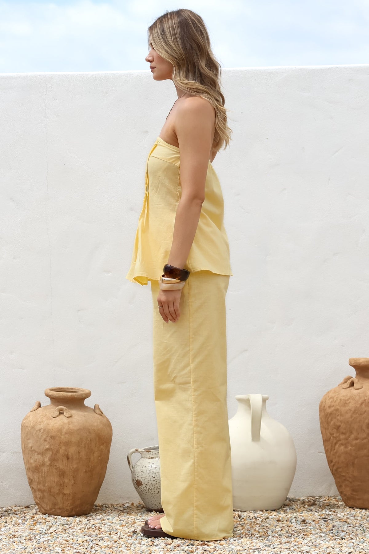 Vanity Two Piece Set - Strapless Pleated Top and Long Pants in Lemon