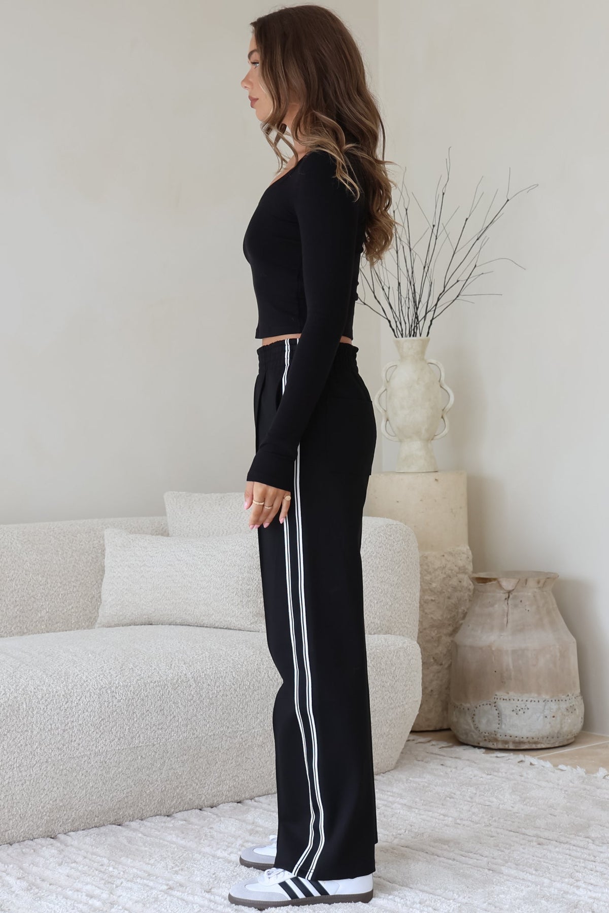 Victoria Pants - High Waisted Sports Stripe Side Seams in Black