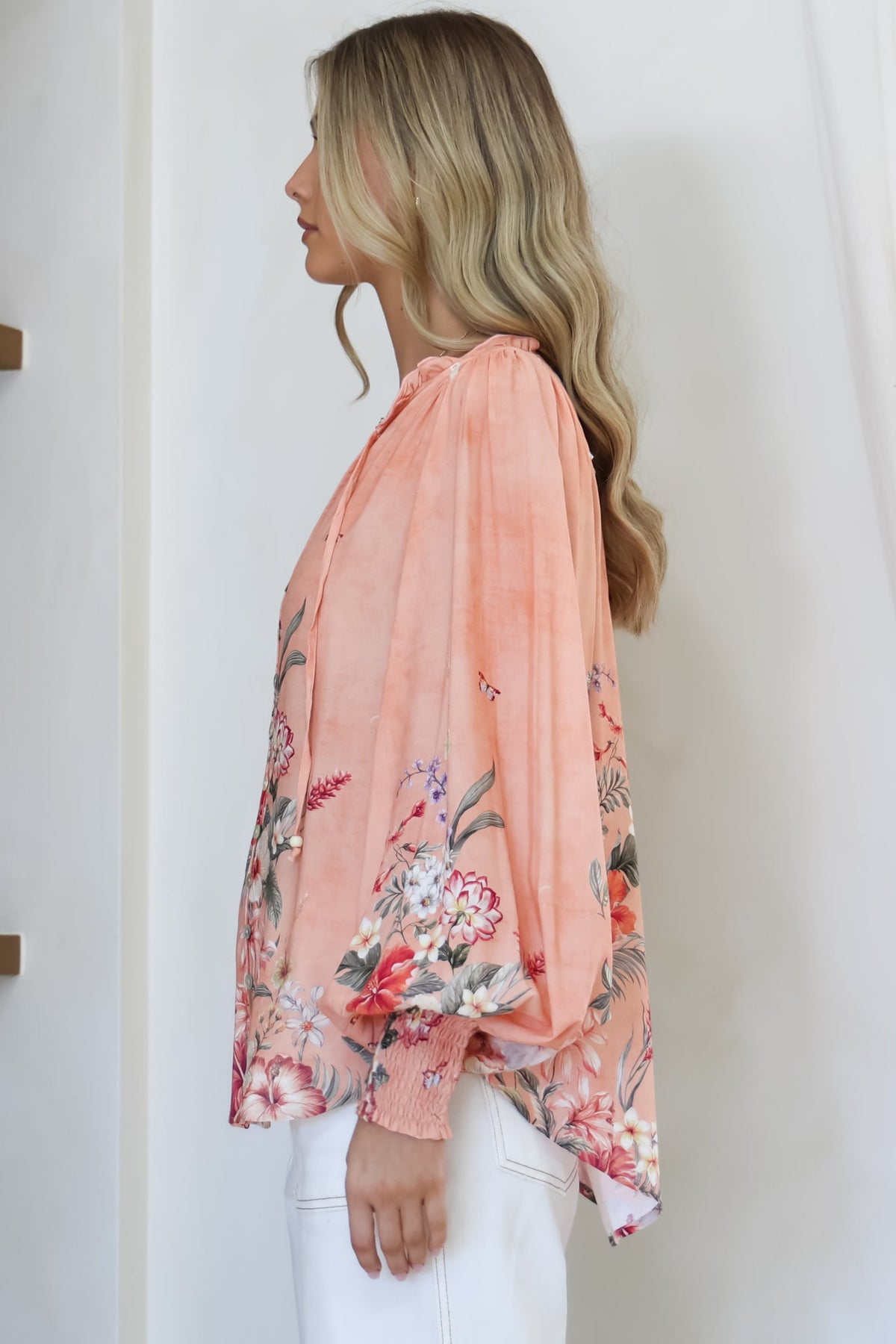 Violet Blouse - Frill Collar Button Down Balloon Sleeve Blouse In Evette Print