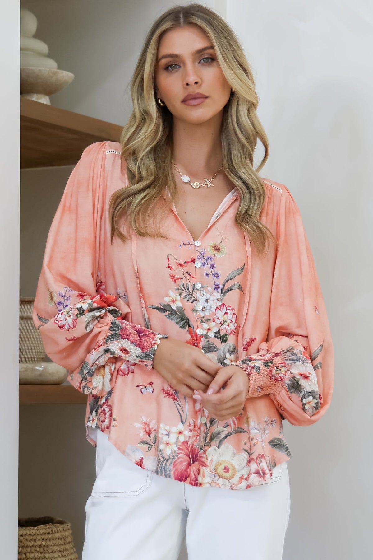 Violet Blouse - Frill Collar Button Down Balloon Sleeve Blouse In Evette Print