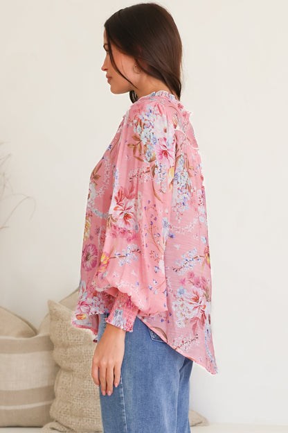 Violet Blouse - Frill Collar Button Down Balloon Sleeve Blouse In Ginnee Print