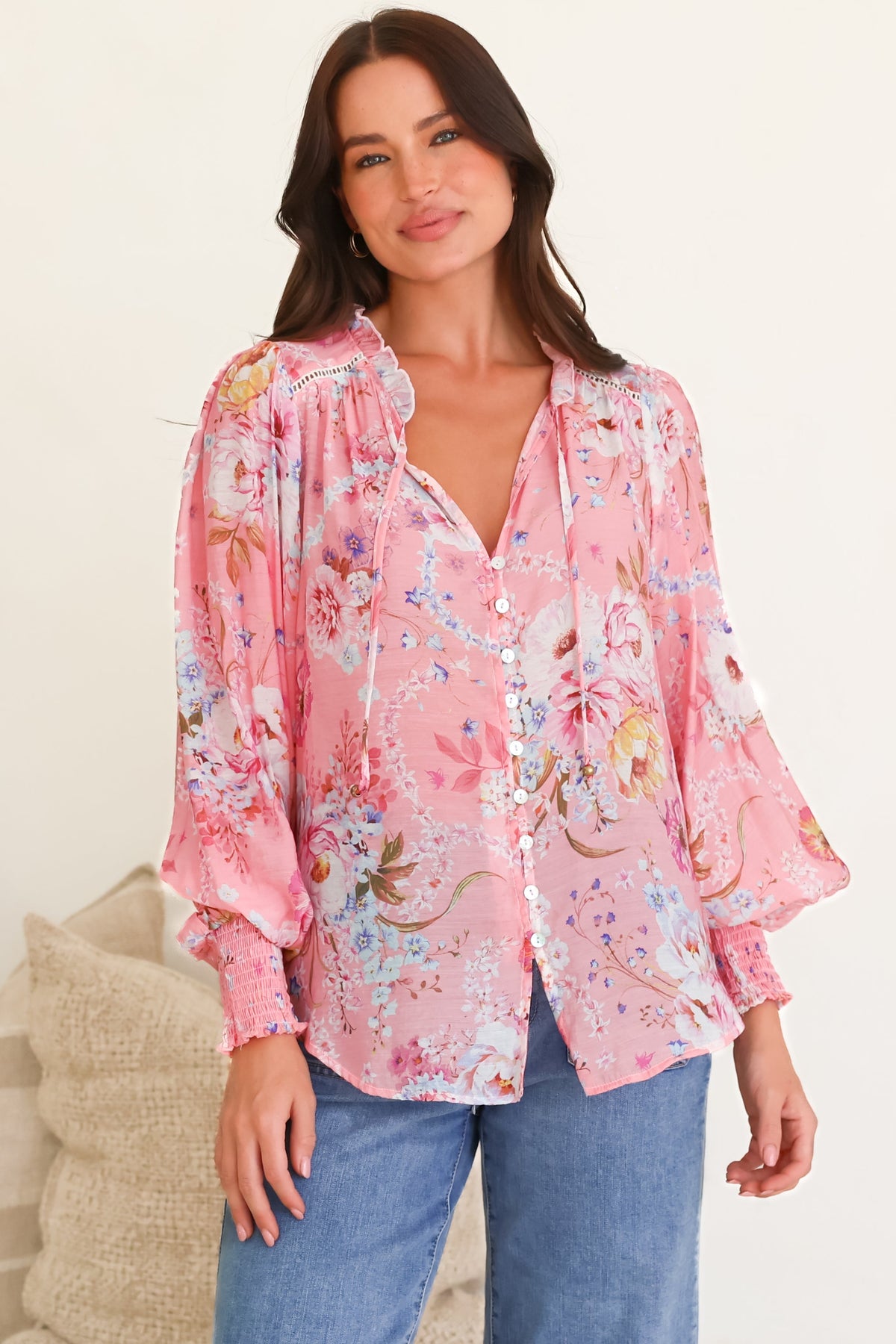 Violet Blouse - Frill Collar Button Down Balloon Sleeve Blouse In Ginnee Print