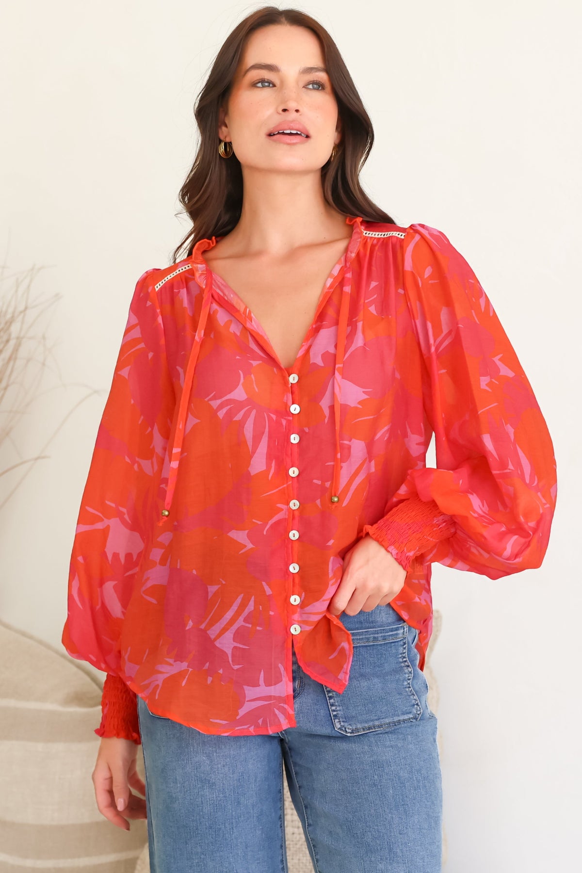 Violet Blouse - Frill Collar Button Down Balloon Sleeve Blouse In Vallie Print