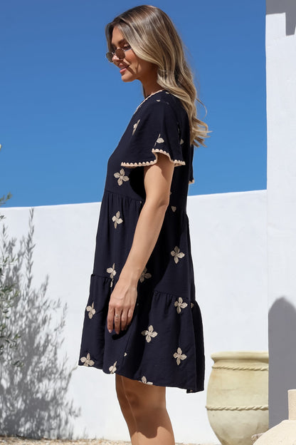Wilma Mini Dress - Bermuda Collar Button Down Dress with Cap Sleeves in Gigi Print Navy