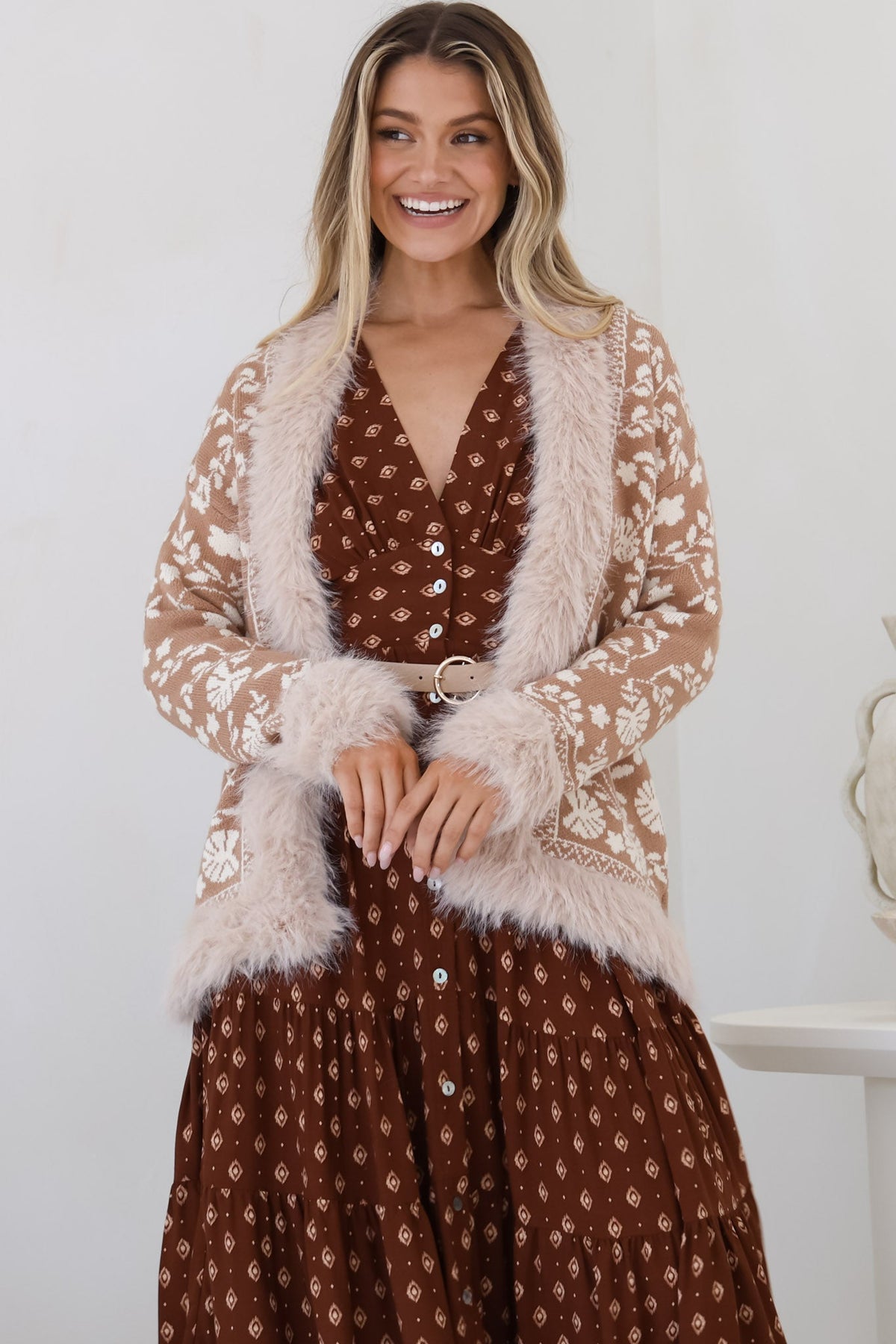 Wolfe Jacket - Faux Fur Trim Open Knit Jacket in Camel