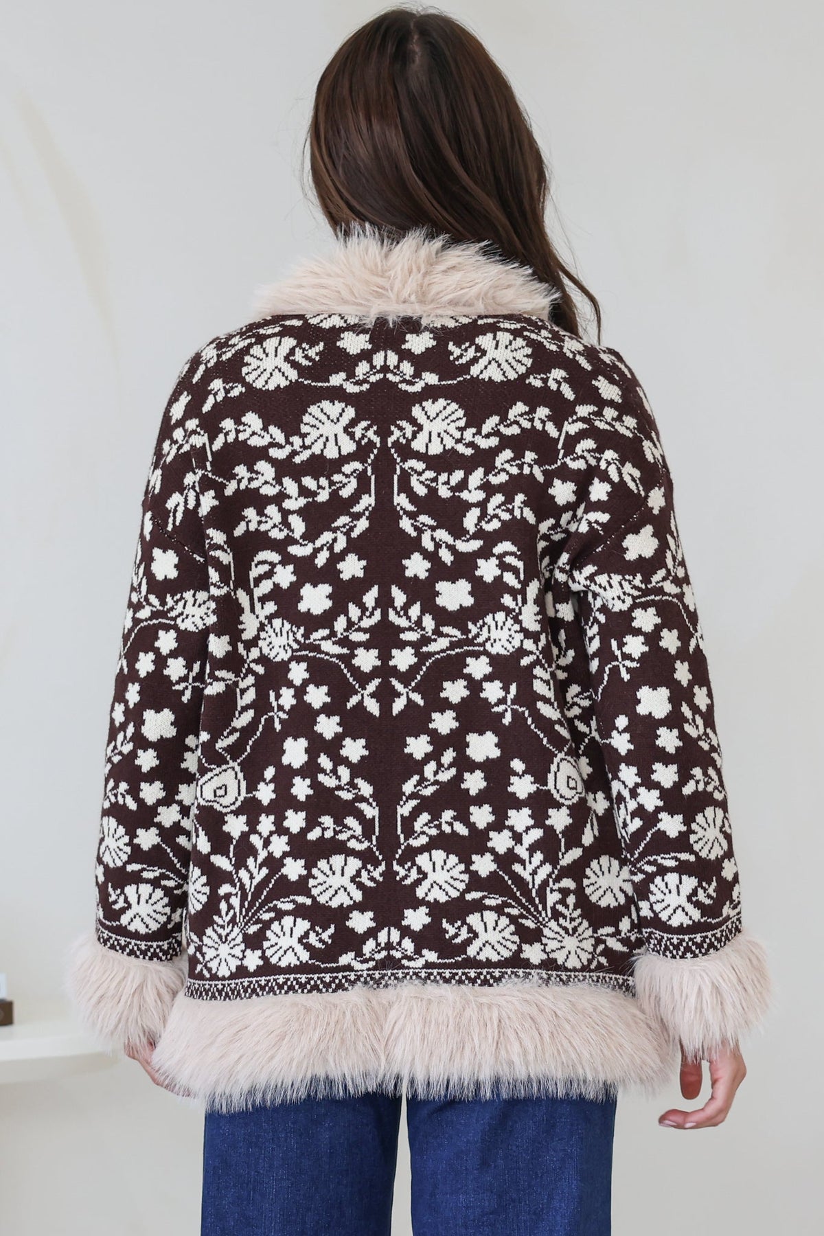 Wolfe Jacket - Faux Fur Trim Open Knit Jacket in Chocolate