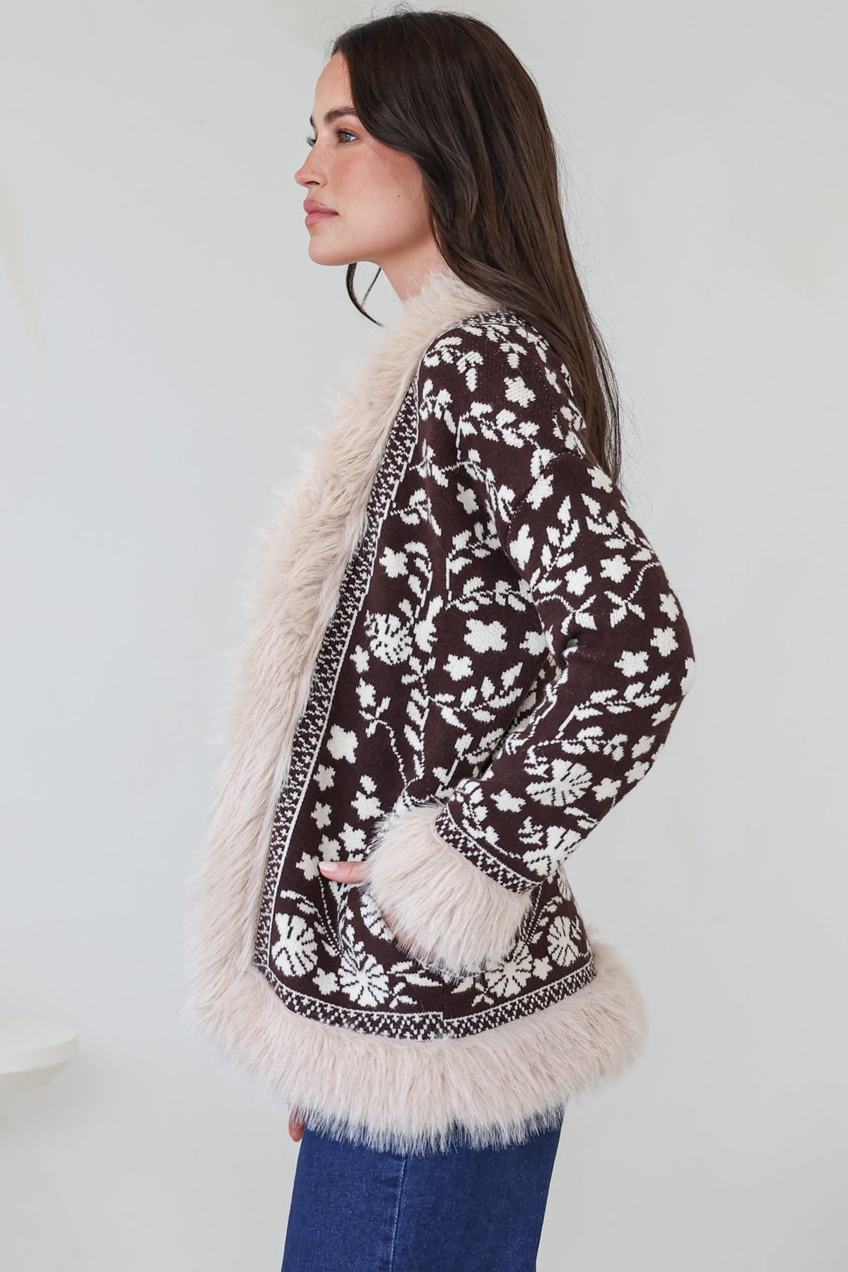 Wolfe Jacket - Faux Fur Trim Open Knit Jacket in Chocolate