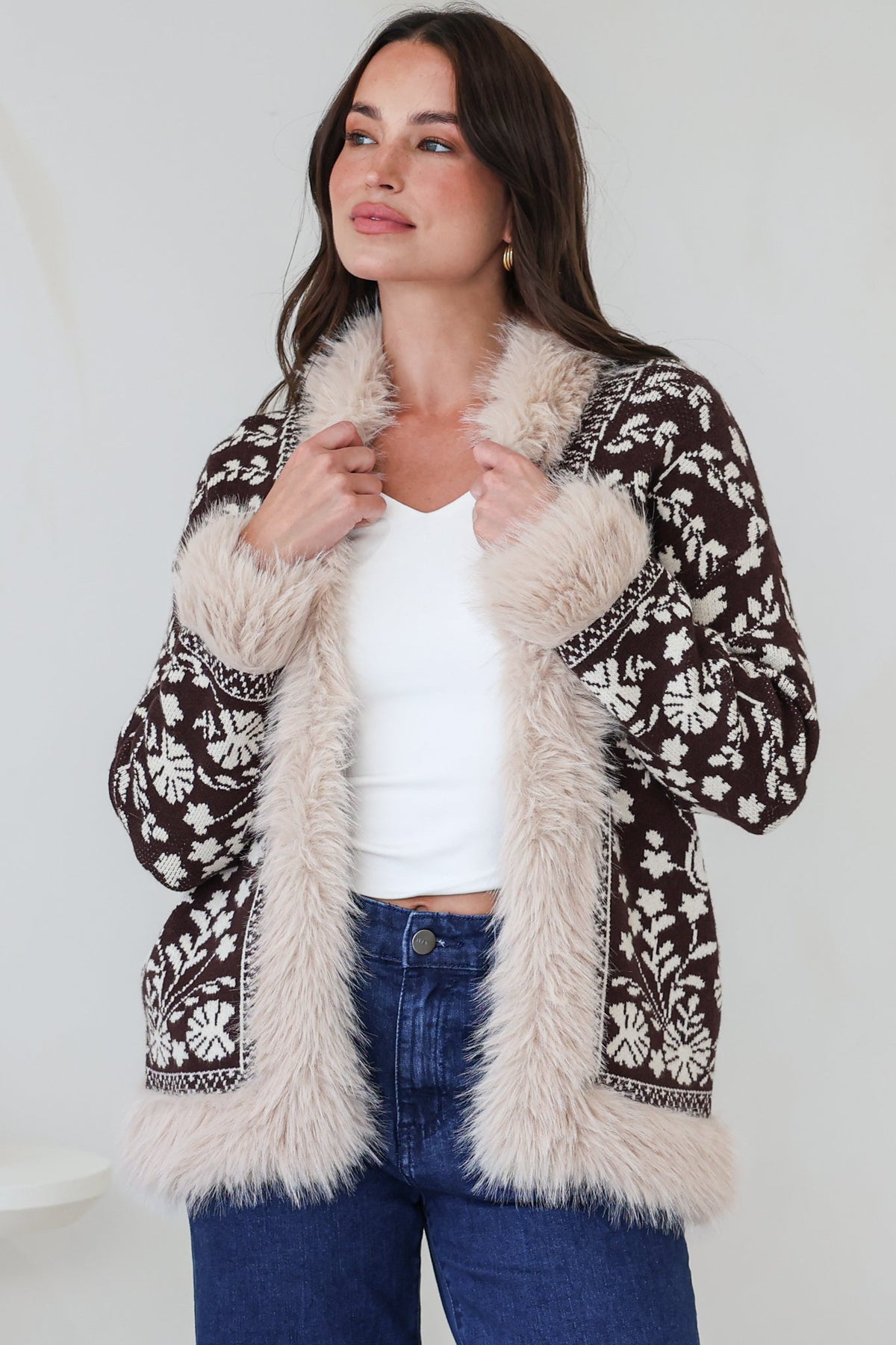Wolfe Jacket - Faux Fur Trim Open Knit Jacket in Chocolate