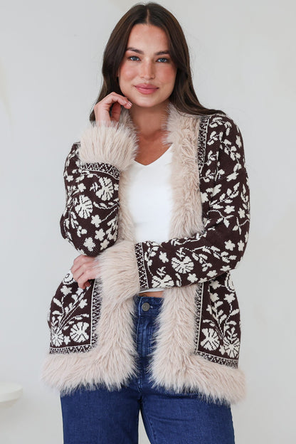 Wolfe Jacket - Faux Fur Trim Open Knit Jacket in Chocolate
