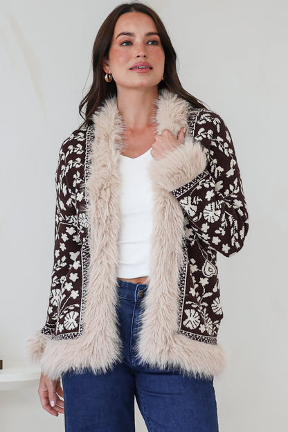 Wolfe Jacket - Faux Fur Trim Open Knit Jacket in Chocolate