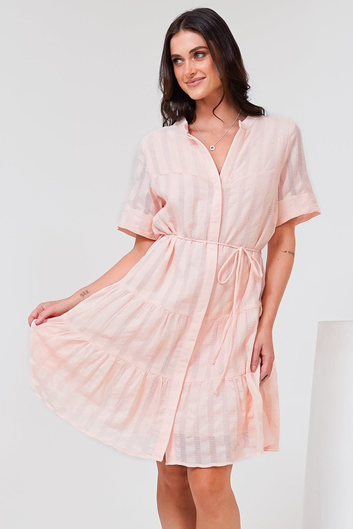 Wyanna Mini Dress - Mandarin Collar Button Down Tiered Dress with Waist Tie in Peach