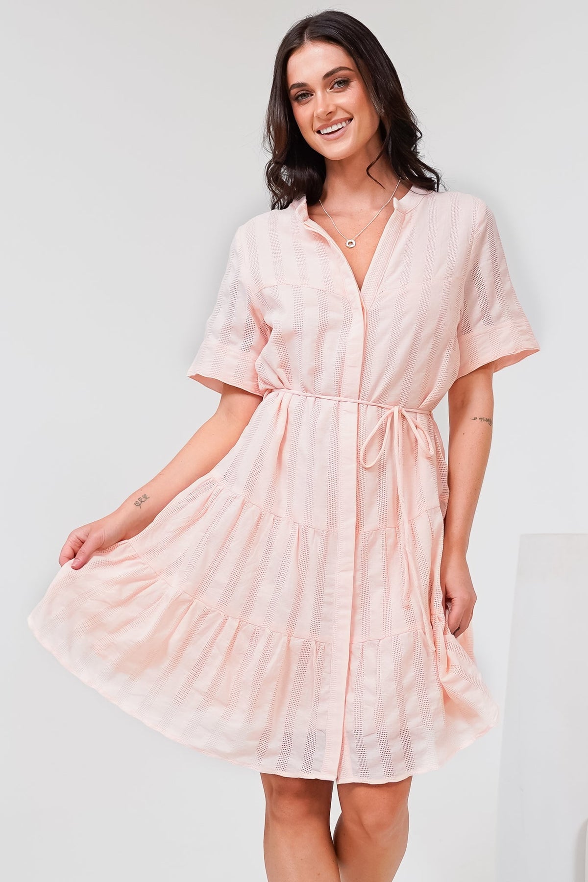 Wyanna Mini Dress - Mandarin Collar Button Down Tiered Dress with Waist Tie in Peach