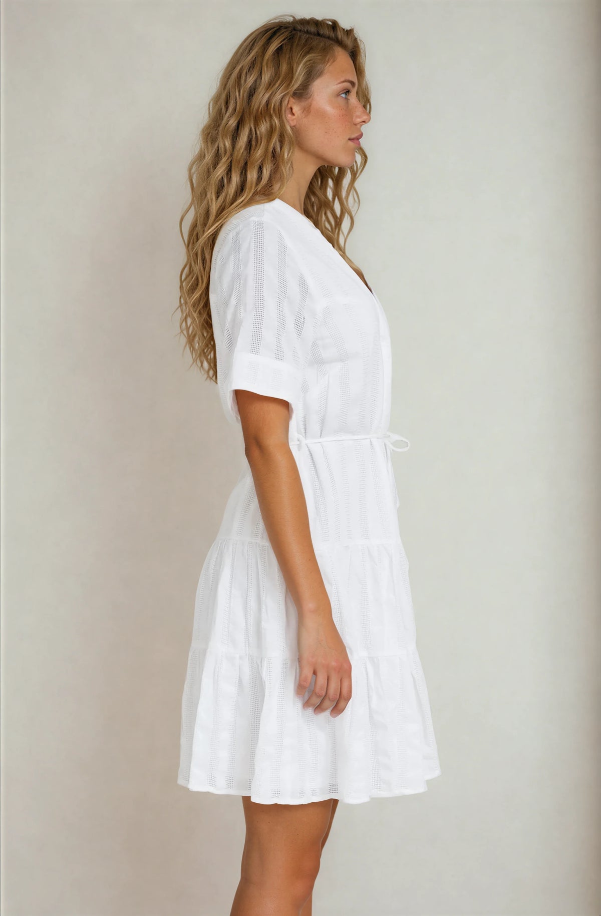 Wyanna Mini Dress - Mandarin Collar Button Down Tiered Dress with Waist Tie in White