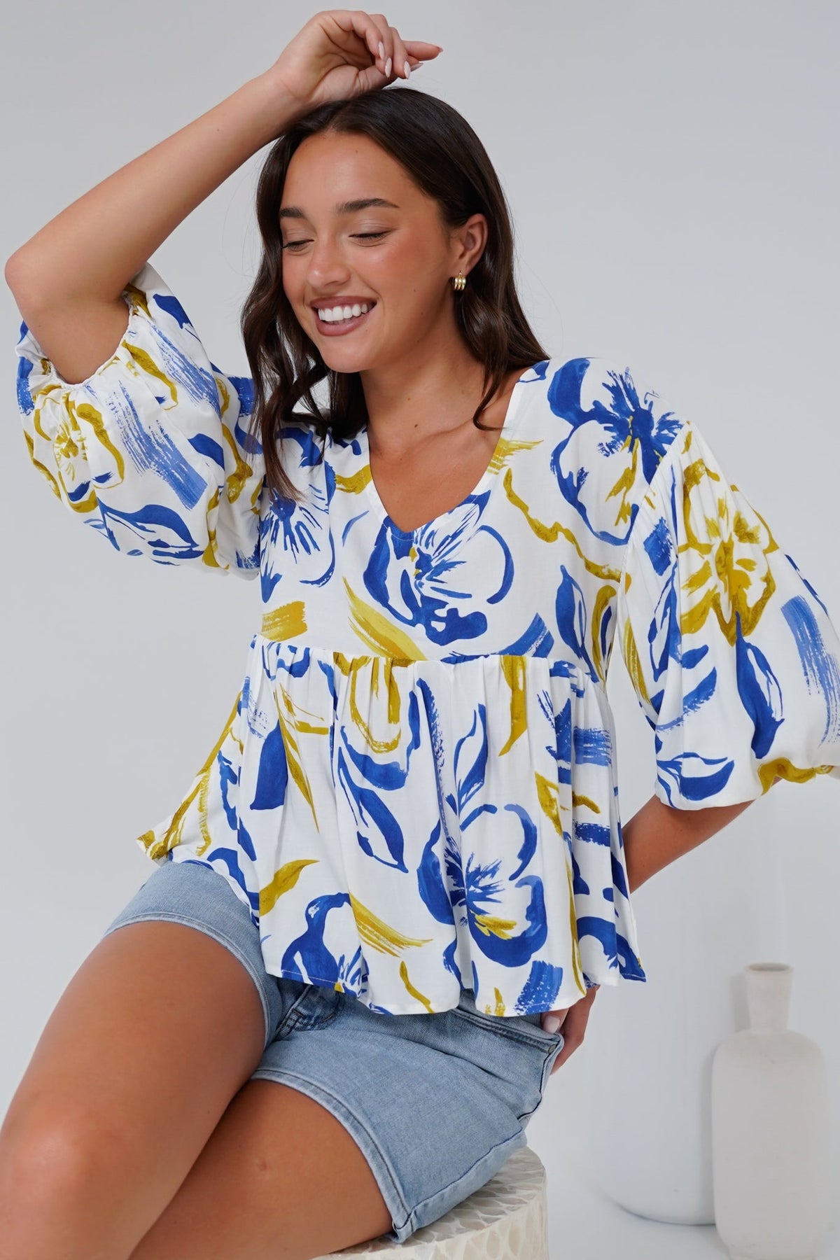 Wynter Top - Soft V Neck Peplum Top with Balloon Sleeves in Robin Print