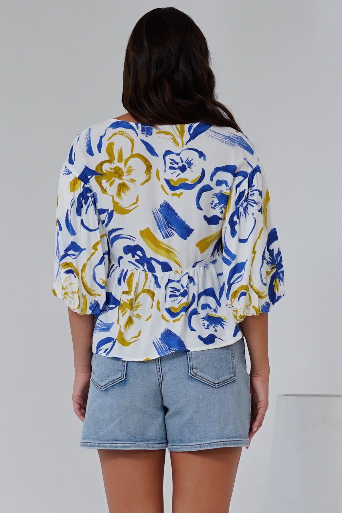 Wynter Top - Soft V Neck Peplum Top with Balloon Sleeves in Robin Print