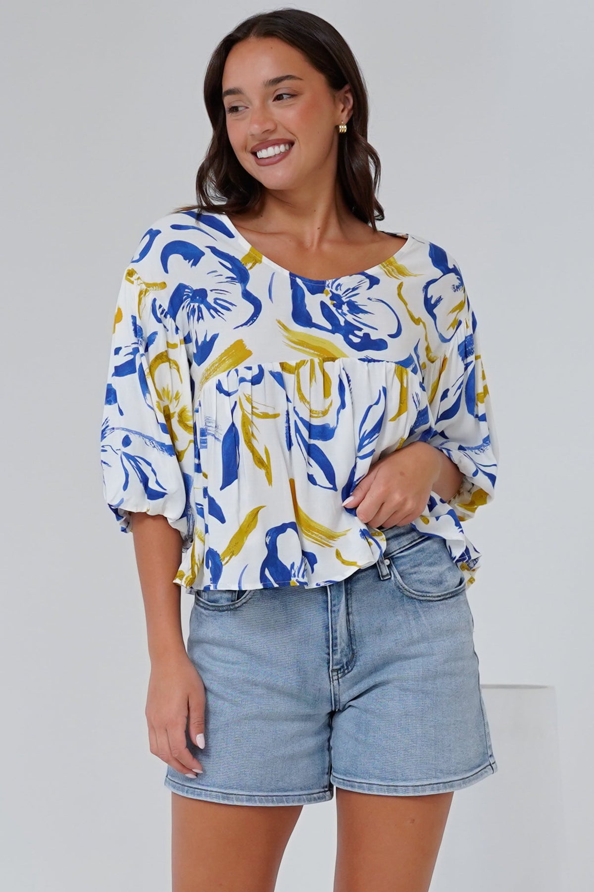 Wynter Top - Soft V Neck Peplum Top with Balloon Sleeves in Robin Print