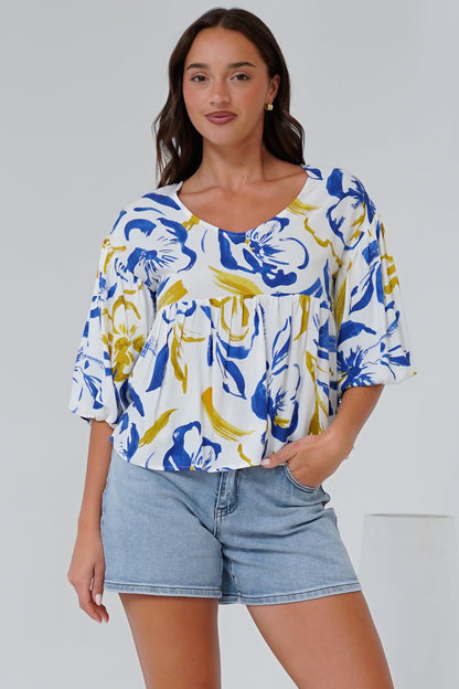 Wynter Top - Soft V Neck Peplum Top with Balloon Sleeves in Robin Print