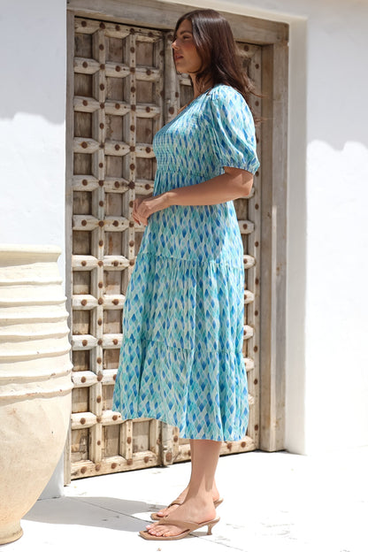 Xanthi Midi Dress - One Shoulder Elasticated Bodice Tiered Dress in Pasha Print