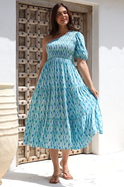 Xanthi Midi Dress - One Shoulder Elasticated Bodice Tiered Dress in Pasha Print
