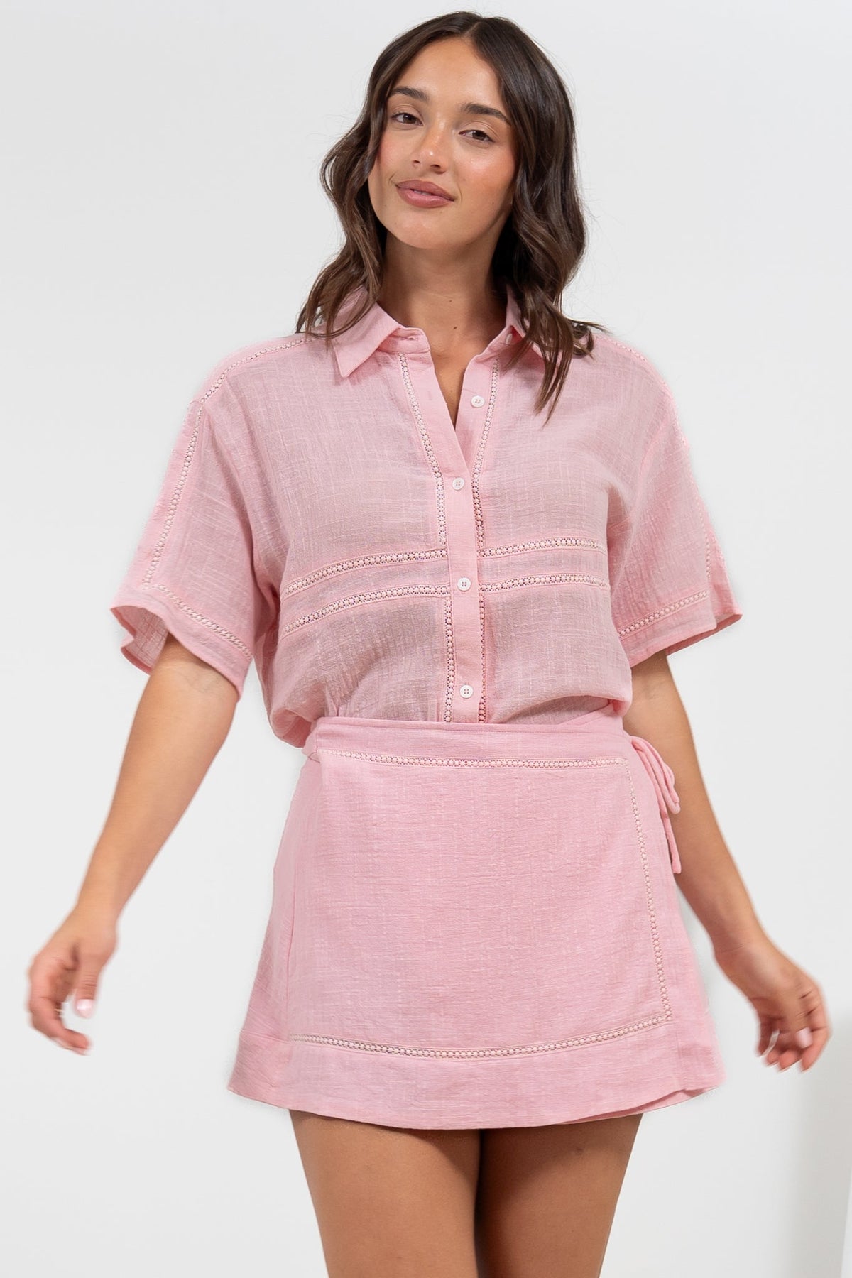 Xara Mini Skirt - High Waisted True Wrap Skirt in Pink