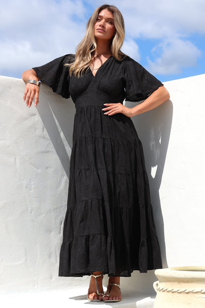 Yelena Maxi Dress - Embroidered Floral Tiered A-Line Dress in Black