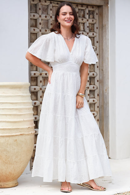 Yelena Maxi Dress - Embroidered Floral Tiered A-Line Dress in White