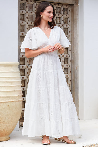 Yelena Maxi Dress - Embroidered Floral Tiered A-Line Dress in White