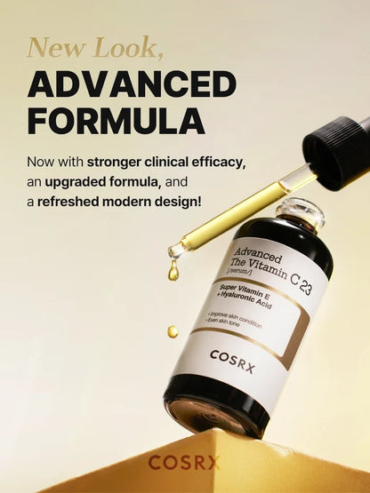 Updated COSRX Advanced The Vitamin C 23 Serum dropper shown releasing golden drops; upgraded dual-layer formula with Super Vitamin E and Hyaluronic Acid offers stronger clinical efficacy, brightening dark spots, and smoothing rough texture for luminous, even skin tone.