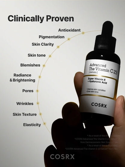Clinically proven COSRX Advanced The Vitamin C 23 Serum bottle held in hand, highlighting benefits including antioxidant action, pigmentation reduction, refined pores, improved texture, and radiance; validated by Dermacosmetic Skin Science Lab for clearer, brighter, and firmer skin.