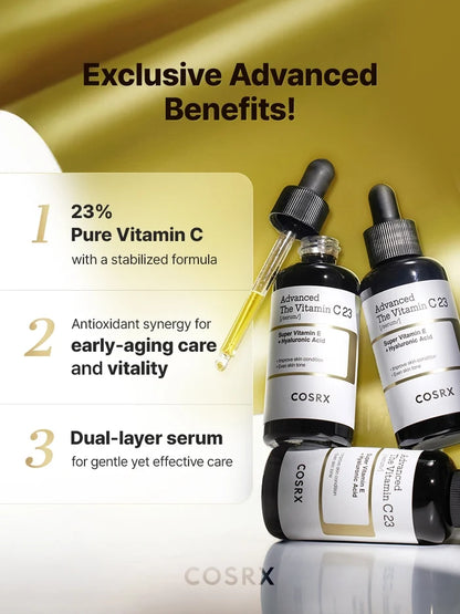 Set of COSRX Advanced The Vitamin C 23 Serum bottles with golden background highlighting 23% pure Vitamin C, antioxidant synergy for early-aging prevention, and dual-layer hydration; designed to visibly brighten tone, smooth texture, and reduce hyperpigmentation and pore appearance.