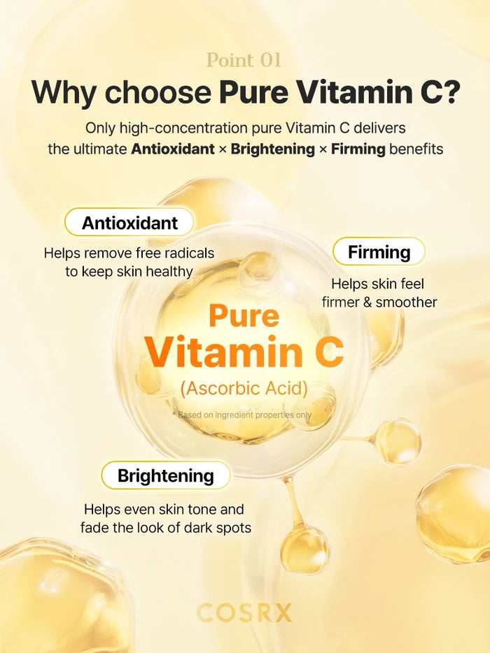 Visual of pure ascorbic acid droplets representing the key ingredient in COSRX Advanced The Vitamin C 23 Serum; high-concentration Vitamin C delivers antioxidant, brightening, and firming benefits, helping even skin tone, fade dark spots, and restore healthy glow.