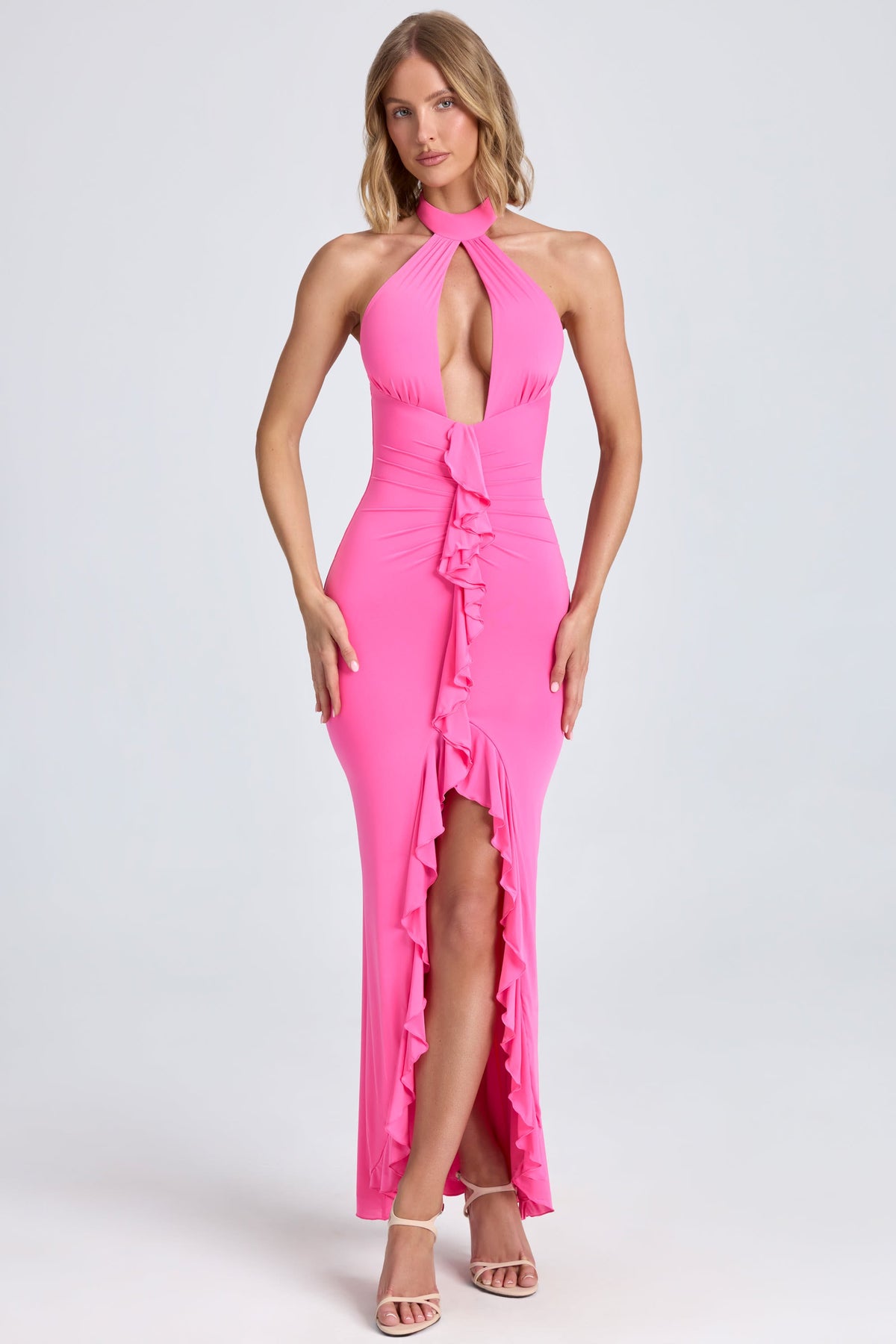 Ruffle-Trim Halterneck Gown in Lollipop Pink