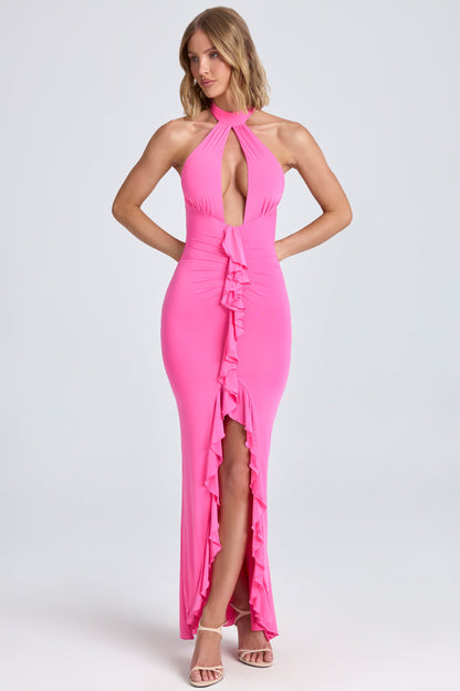 Ruffle-Trim Halterneck Gown in Lollipop Pink