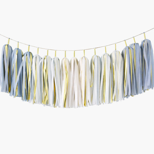 Baby Blue and Gold Tassel Garland, Blue Ombre Gold Party Garland, Boy Boho Rainbow Birthday Party Banner, Bridal Shower, Baby Shower - GenWoo Shop