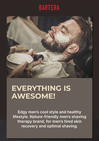 Barber shaving a man's beard with text about Bartera brand and men's grooming.