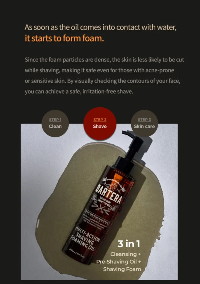 Bartera multi-action foaming oil bottle with shaving instructions on a dark background
