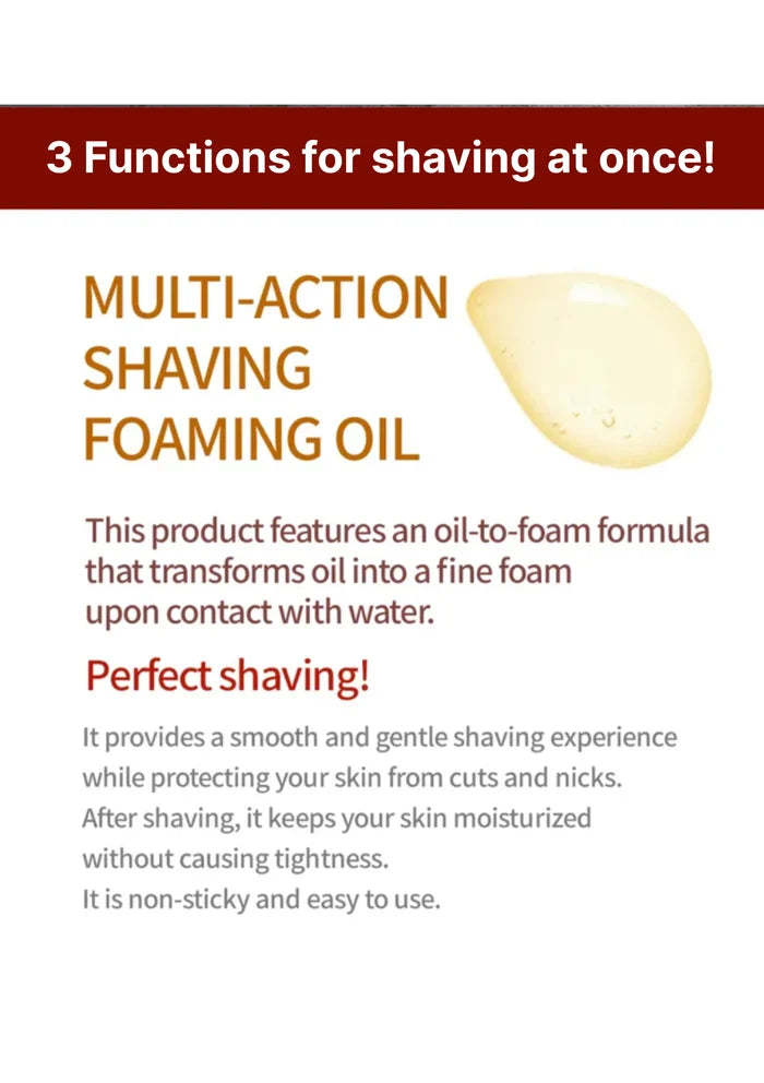 Advertisement for multi-action shaving foaming oil with text and a droplet illustration on a white background.