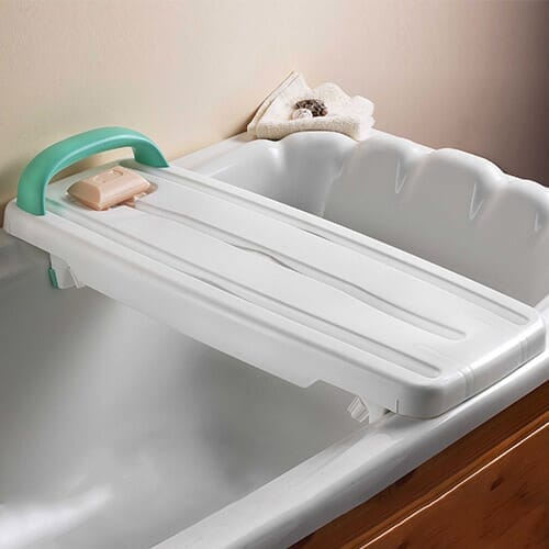 Full view of Bath Board with Handle bath board showing slatted seat, integral handle and adjustable brackets on a plain background.