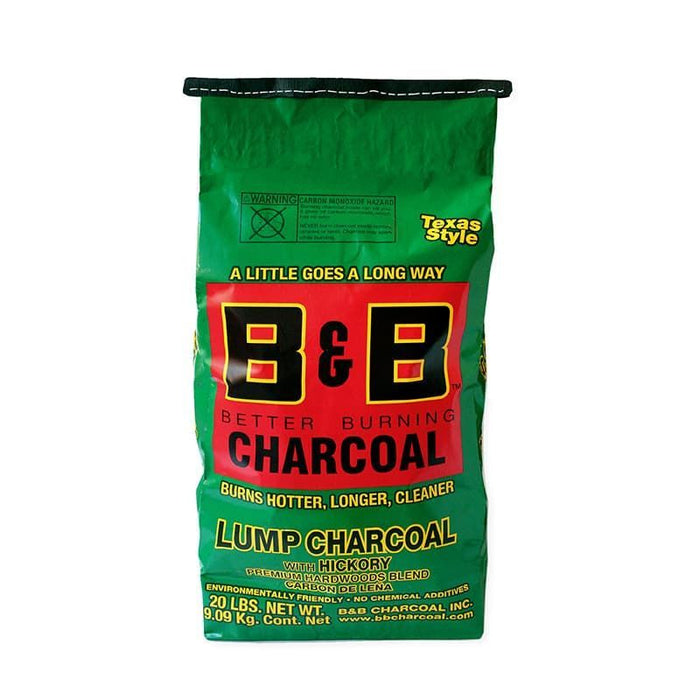 B&B Hickory Lump Charcoal in a green 20 lb bag
