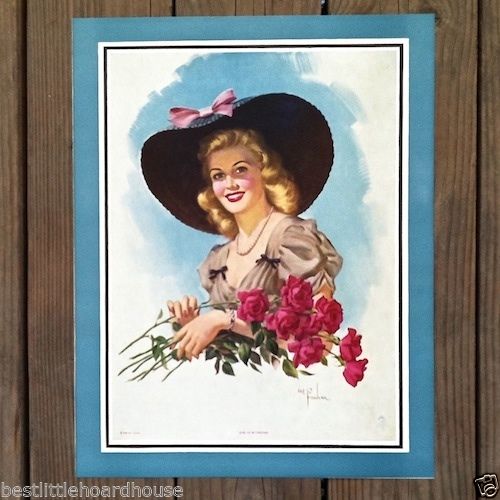 BLACK HAT & ROSES Pinup Art Lithograph Print 1940s