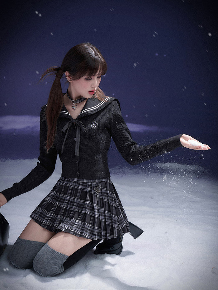 Black Sailor Collar Faux Two-Piece Knit Cable Sweater Cardigan