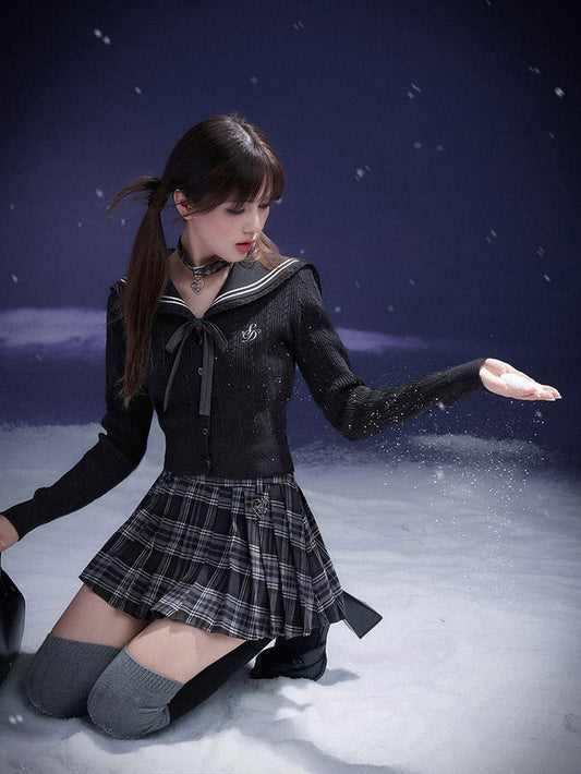 Black Sailor Collar Faux Two-Piece Knit Cable Sweater Cardigan
