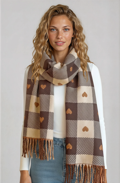Minka Scarf - Soft Cozy Wrap Scarf with Heart and Check Print in Coffee
