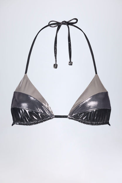 Panelled Bikini Bra in Silver Chrome